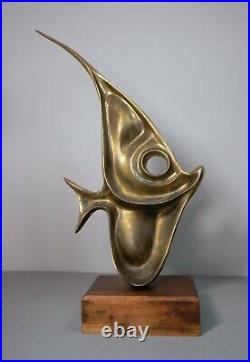 Vintage MCM Mid-Century Modern Heavy Abstract Brass Fish Sculpture on Wood Base