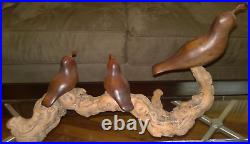 Vintage MCM Mid Century Modern Wood Quail Bird Family Carving Signed