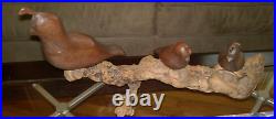 Vintage MCM Mid Century Modern Wood Quail Bird Family Carving Signed