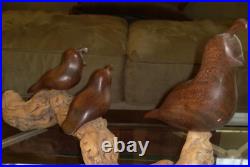 Vintage MCM Mid Century Modern Wood Quail Bird Family Carving Signed