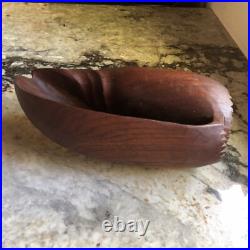 Vintage MCM Solid Teak Wood Hand Carved Conch Sea Shell Seashell Sculpture Bowl