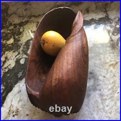 Vintage MCM Solid Teak Wood Hand Carved Conch Sea Shell Seashell Sculpture Bowl