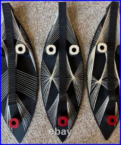 Vintage MCM Tiki / Tribal Sculptural Heads Wood String Art Mid Century 1960s