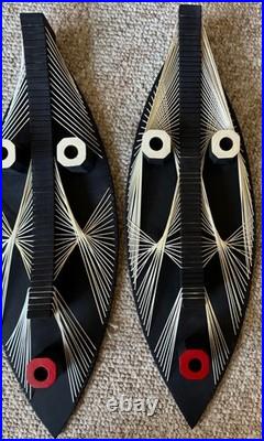 Vintage MCM Tiki / Tribal Sculptural Heads Wood String Art Mid Century 1960s