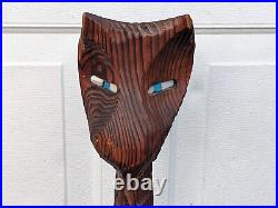 Vintage MCM Witco Tiki Wood Carved Cat Figure Sculpture Blue Eyes 43 1/2 High