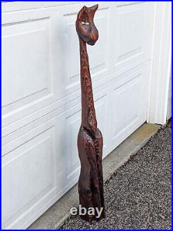 Vintage MCM Witco Tiki Wood Carved Cat Figure Sculpture Blue Eyes 43 1/2 High