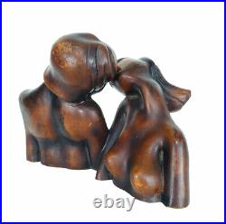 Vintage MCM Wood Carved Man Woman In Embrace Kissing Nude Body Art Sculpture