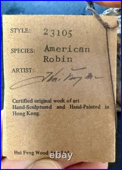 Vintage Ma Hai Feng American Robin Hand Carved Wood Bird Signed Hong Kong-Rare