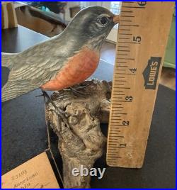 Vintage Ma Hai Feng American Robin Hand Carved Wood Bird Signed Hong Kong-Rare
