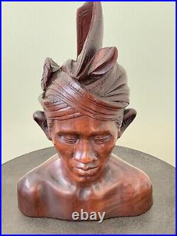 Vintage Malaysian Hard Wood Bust Sculpture Headdress Collectible Hand Carved Art