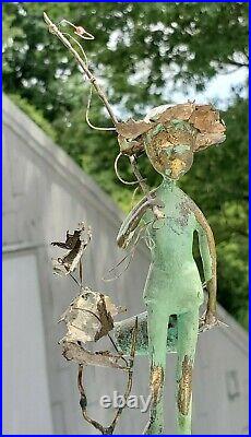 Vintage Malcolm Moran Statue Bronze Sculpture Boy Fishing Turquoise Rock On Wood