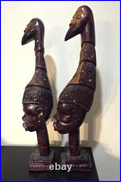 Vintage Man & Woman Wood Sculpture BUSTS African Hand Carved Spirit Pair 26