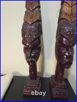 Vintage Man & Woman Wood Sculpture BUSTS African Hand Carved Spirit Pair 26