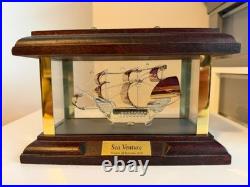 Vintage Mayflower Glass Sea Venture Ship Model Sculpture Wood Case Bermuda 1609