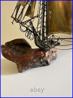 Vintage Metal Sculpture Boat Ship Nautical 1970's Modernism Wood Base Mystery