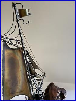 Vintage Metal Sculpture Boat Ship Nautical 1970's Modernism Wood Base Mystery
