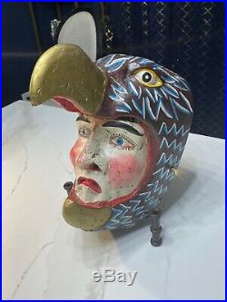 Vintage Mexican Dance Mask Handcrafted Wood Eagle Man Folk Art Sculpture Old
