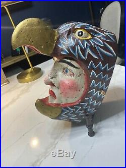 Vintage Mexican Dance Mask Handcrafted Wood Eagle Man Folk Art Sculpture Old