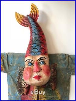 Vintage Mexican Folk Art Mask & Costume Handcrafted Wood Fish Man Sculpture