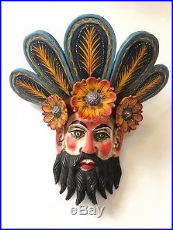 Vintage Mexican Folk Art Mask Handcrafted Wood Conquistador Sculpture
