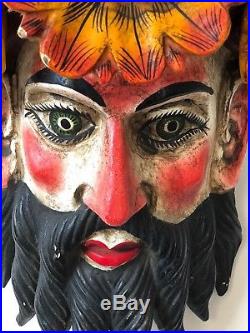 Vintage Mexican Folk Art Mask Handcrafted Wood Conquistador Sculpture