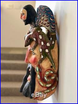 Vintage Mexican Folk Art Mask Handcrafted Wood Reptile Man Sculpture