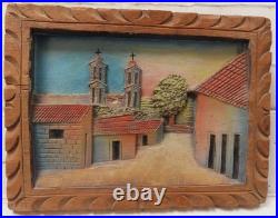 Vintage Mexican Folk Art Wood Carving Bas Relief 7-1/2 X 10