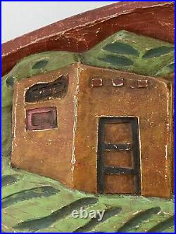 Vintage Mexican Folk Carved Wood Arched Adobe Desert Landscape Wall Relief Panel