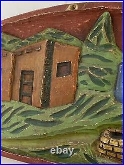 Vintage Mexican Folk Carved Wood Arched Adobe Desert Landscape Wall Relief Panel
