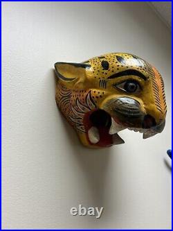 Vintage Mexican Jaguar Head Wood Carving Handmade AlebrijeWall Hanging