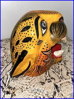 Vintage Mexican Jaguar Head Wood Carving Handmade AlebrijeWall Hanging