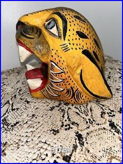 Vintage Mexican Jaguar Head Wood Carving Handmade AlebrijeWall Hanging