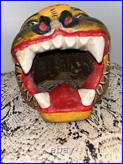 Vintage Mexican Jaguar Head Wood Carving Handmade AlebrijeWall Hanging