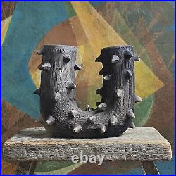 Vintage Mexican Wood Fired Brutalist Double Mouthed Spiked Clay Vase