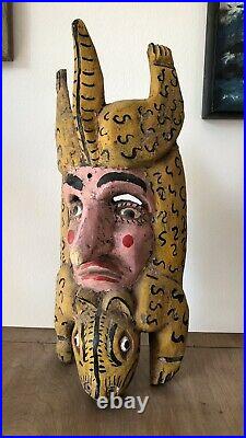 Vintage Mexican Wood Painted Large Mask Animal Human Face Quality Art Sculpture