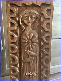 Vintage Mid Century Evelyn Ackerman Girl With Flower Wood Carving