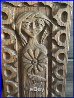 Vintage Mid Century Evelyn Ackerman Girl With Flower Wood Carving