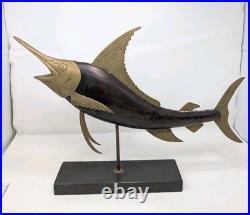 Vintage Mid Century Frederick Cooper Carved Wood & Brass Marlin Fish Sculpture