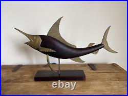 Vintage Mid Century Frederick Cooper Carved Wood & Brass Marlin Fish Sculpture