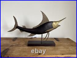 Vintage Mid Century Frederick Cooper Carved Wood & Brass Marlin Fish Sculpture