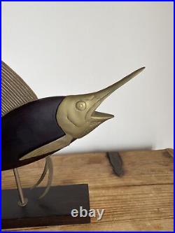 Vintage Mid Century Frederick Cooper Carved Wood & Brass Marlin Fish Sculpture