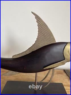 Vintage Mid Century Frederick Cooper Carved Wood & Brass Marlin Fish Sculpture