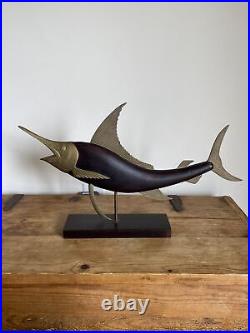 Vintage Mid Century Frederick Cooper Carved Wood & Brass Marlin Fish Sculpture