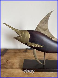 Vintage Mid Century Frederick Cooper Carved Wood & Brass Marlin Fish Sculpture