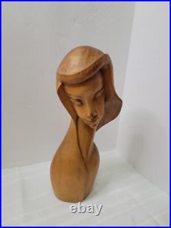 Vintage Mid Century Hand Carved Female Bust Sculpture Solid Wood