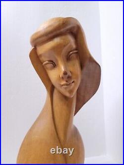 Vintage Mid Century Hand Carved Female Bust Sculpture Solid Wood