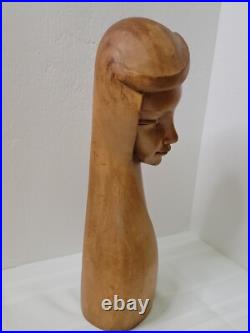 Vintage Mid Century Hand Carved Female Bust Sculpture Solid Wood