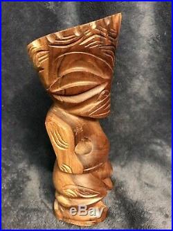 Vintage Mid Century Hand Carved Heavy Wood Hawaiian Tiki Sculpture Statue 8.5