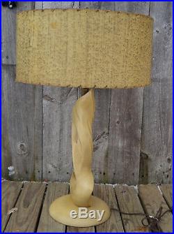 Vintage Mid Century MCM Modern Wood Sculpture Table Lamp, Orig. Fiberglass Shade