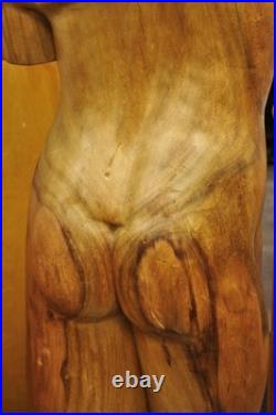 Vintage Mid Century Modern 60 Life-Size Nude Male Carved Wood Statue Sculpture